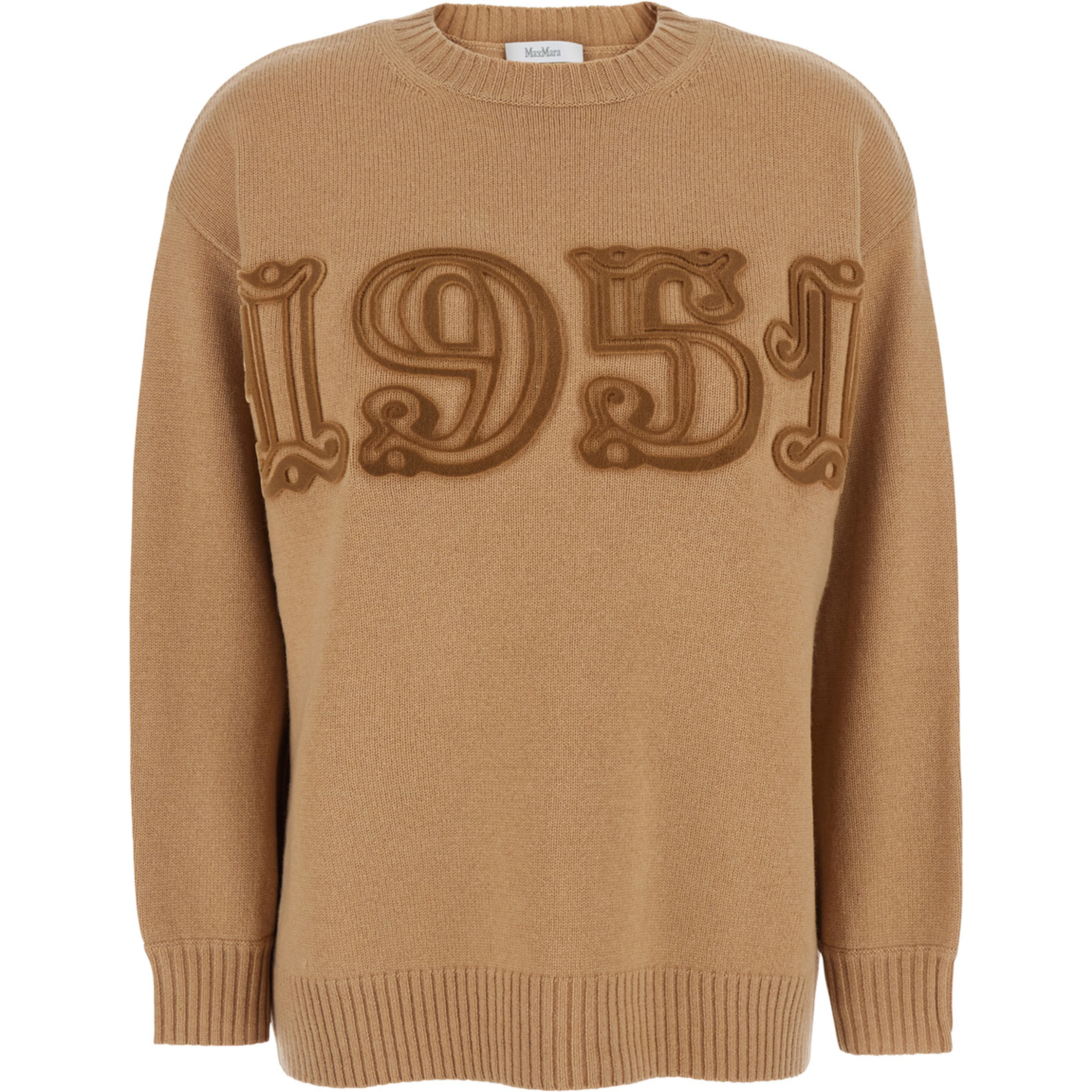 Beige Crew Neck Sweater with Front Embroidery in Wool and Cashmere Blend Woman