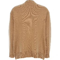 Beige Crew Neck Sweater with Front Embroidery in Wool and Cashmere Blend Woman