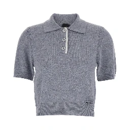 Grey Polo Shirt with Logo Patch on the Front and Ribbed Details in Wool Woman