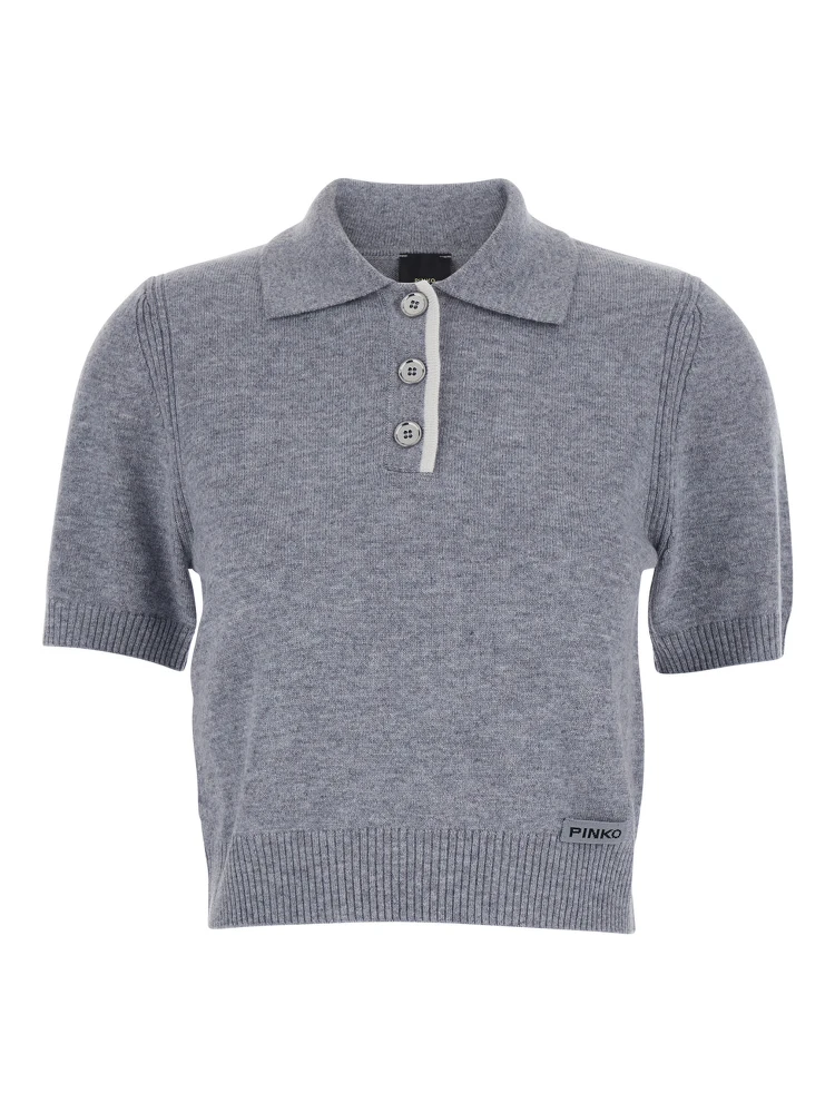 Grey Polo Shirt with Logo Patch on the Front and Ribbed Details in Wool Woman