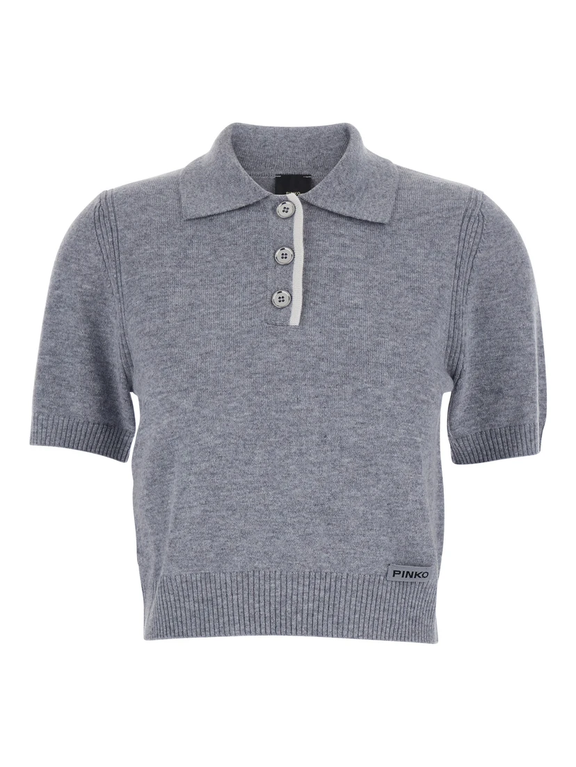Grey Polo Shirt with Logo Patch on the Front and Ribbed Details in Wool Woman