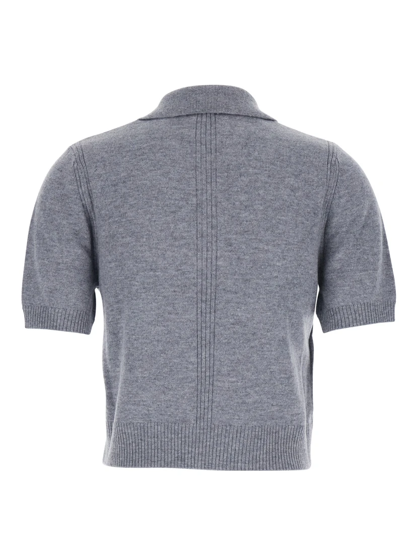 Grey Polo Shirt with Logo Patch on the Front and Ribbed Details in Wool Woman