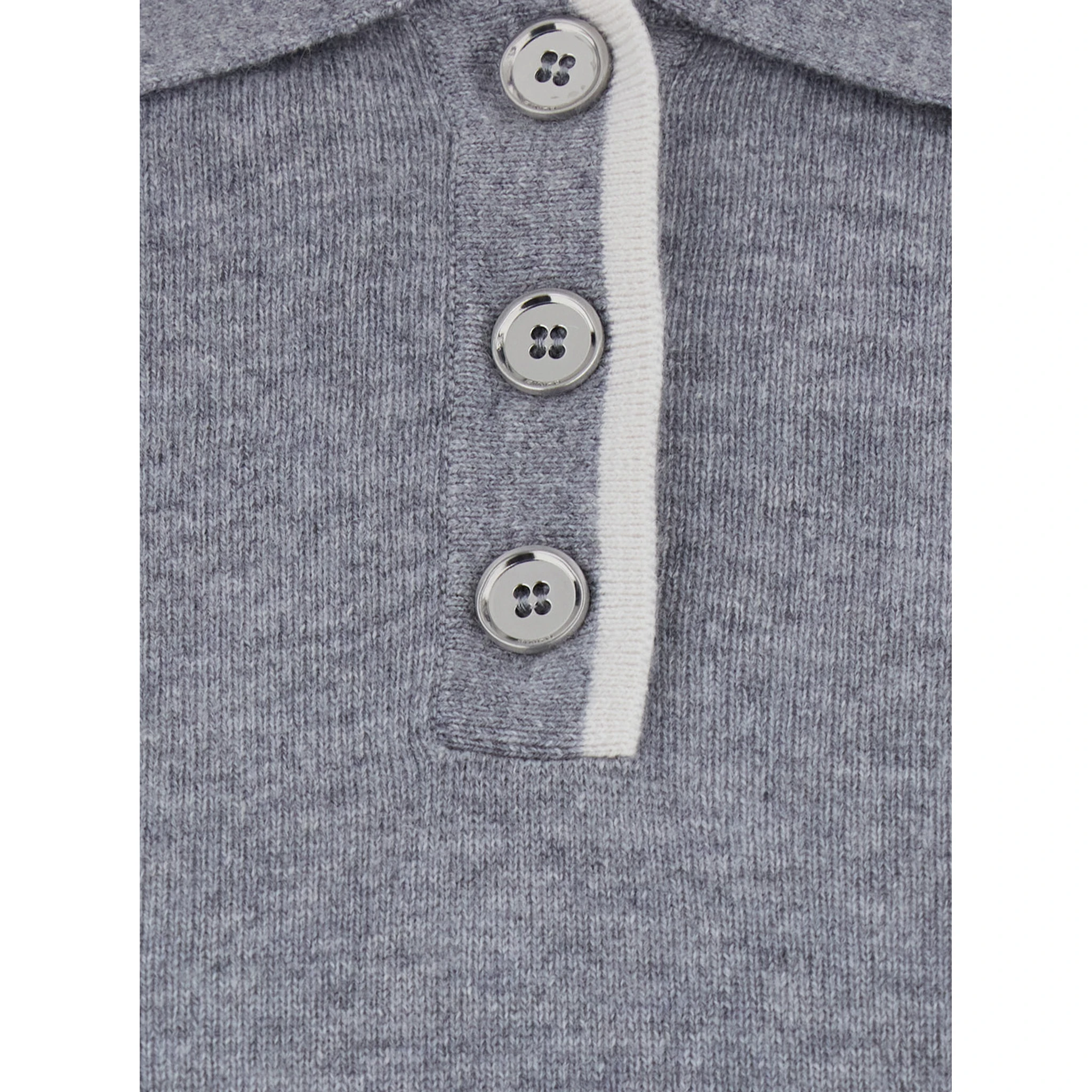 Grey Polo Shirt with Logo Patch on the Front and Ribbed Details in Wool Woman