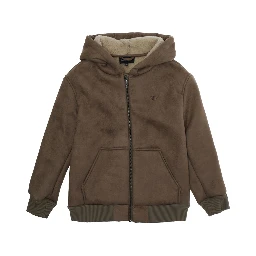 Brown Jacket with Fixed Hood and Logo Embroidery on the Front in Tech Fabric Boy