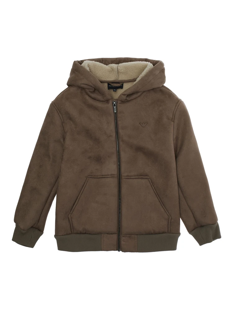 Brown Jacket with Fixed Hood and Logo Embroidery on the Front in Tech Fabric Boy