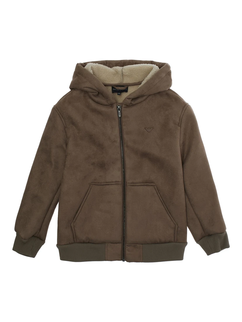 Brown Jacket with Fixed Hood and Logo Embroidery on the Front in Tech Fabric Boy
