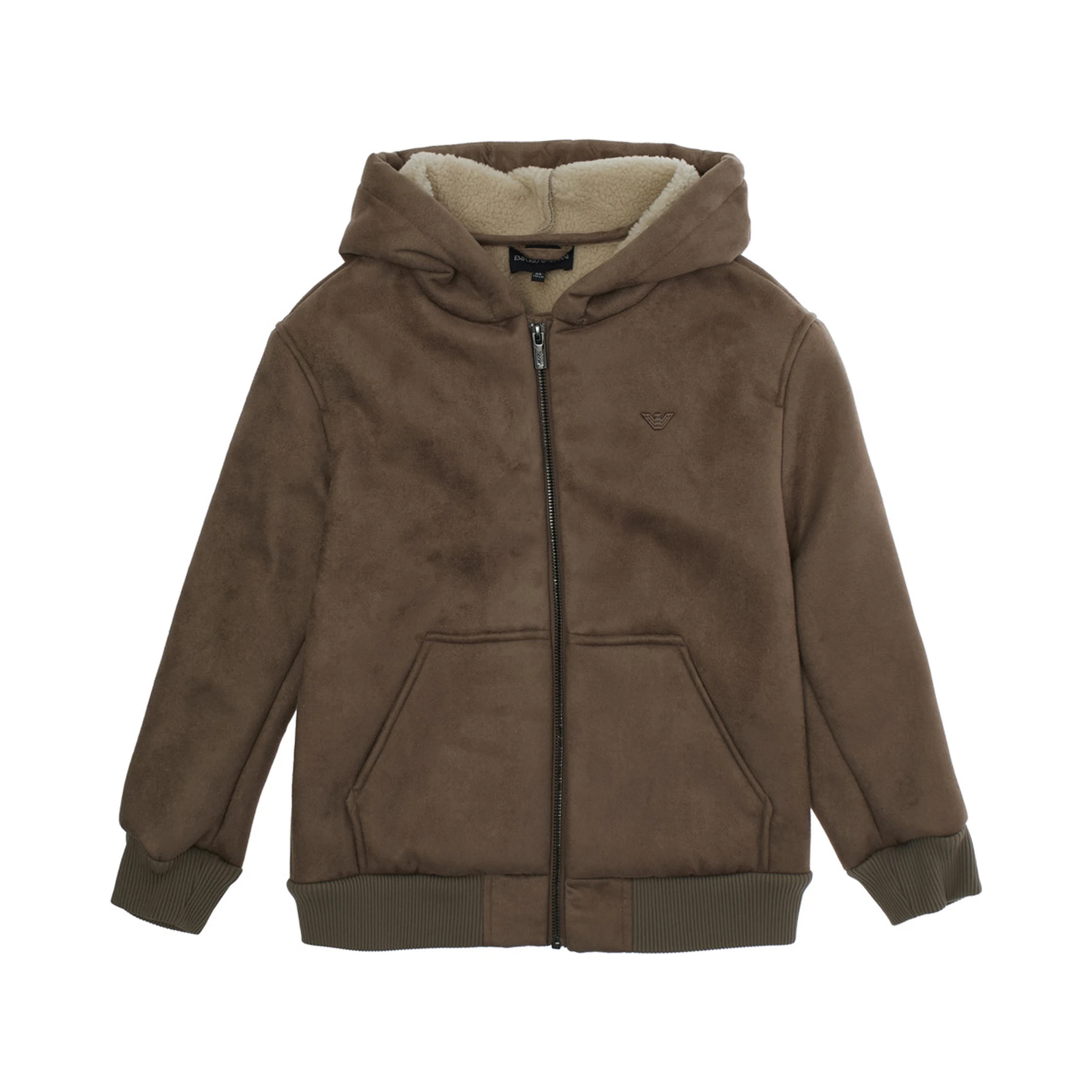 Brown Jacket with Fixed Hood and Logo Embroidery on the Front in Tech Fabric Boy