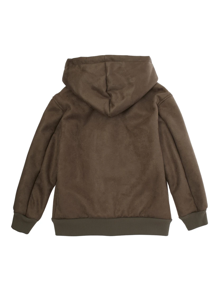 Brown Jacket with Fixed Hood and Logo Embroidery on the Front in Tech Fabric Boy