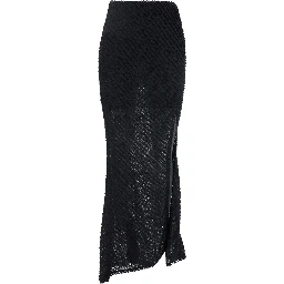 Erin Black Long Skirt with Side Single Slit and All-Over Embroidery in Tech Fabric Woman