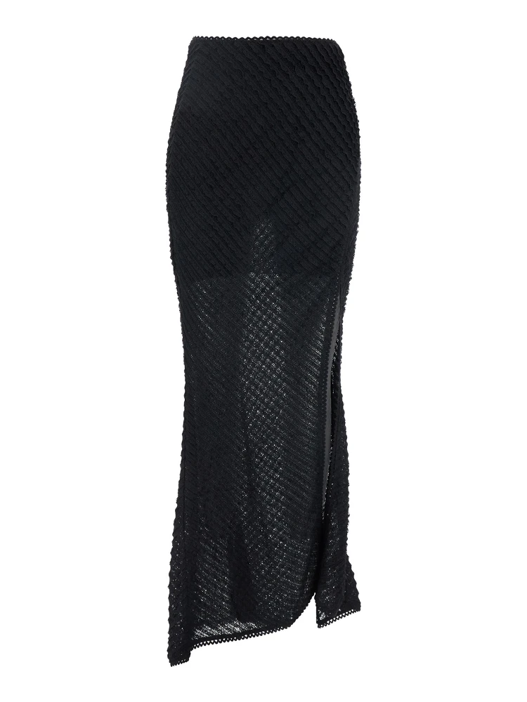 Erin Black Long Skirt with Side Single Slit and All-Over Embroidery in Tech Fabric Woman