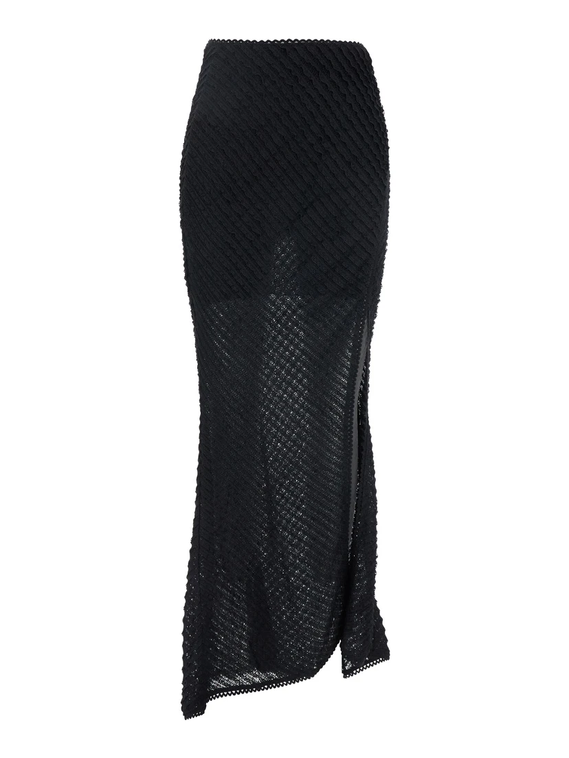Erin Black Long Skirt with Side Single Slit and All-Over Embroidery in Tech Fabric Woman