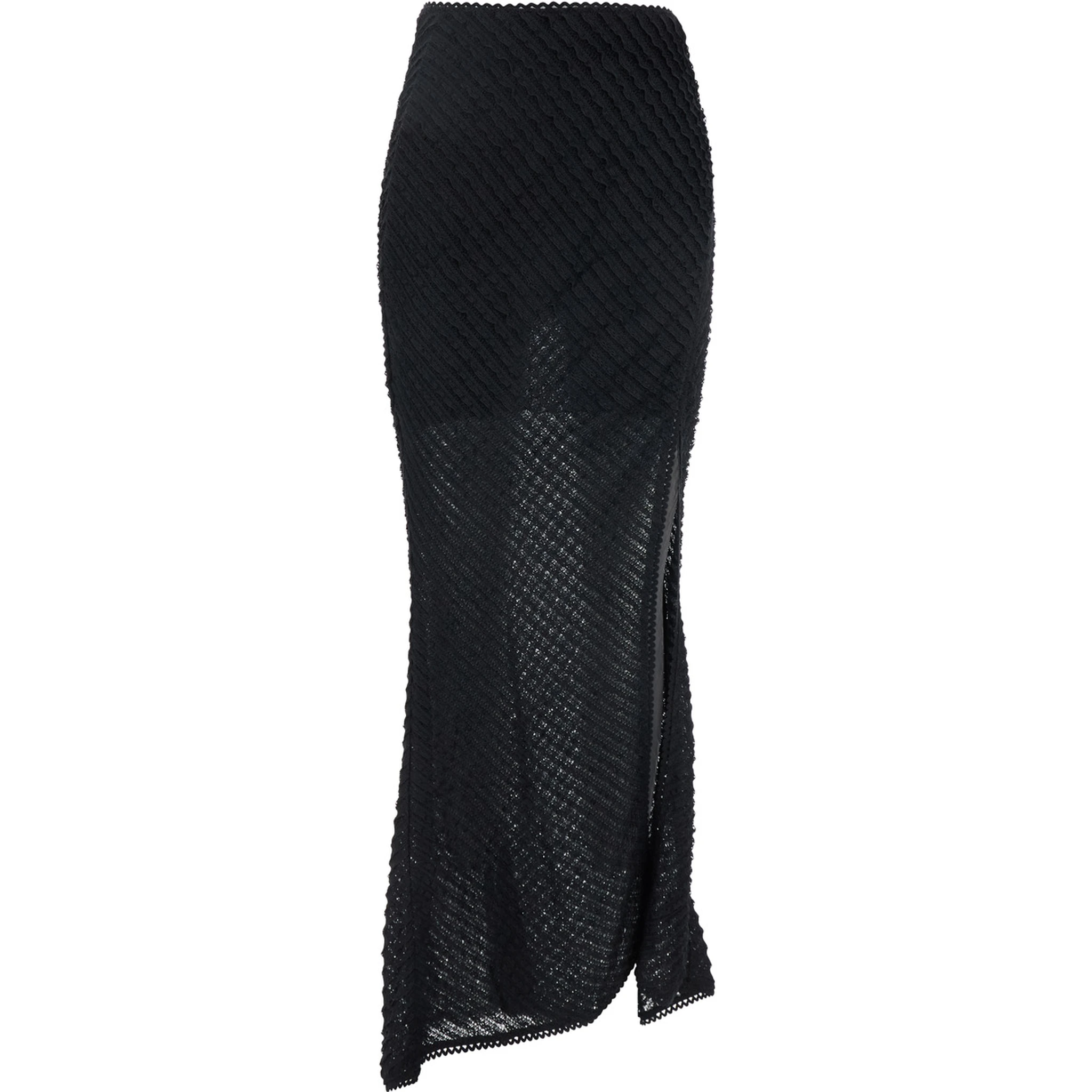 Erin Black Long Skirt with Side Single Slit and All-Over Embroidery in Tech Fabric Woman