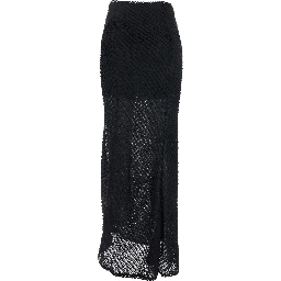 Erin Black Long Skirt with Side Single Slit and All-Over Embroidery in Tech Fabric Woman