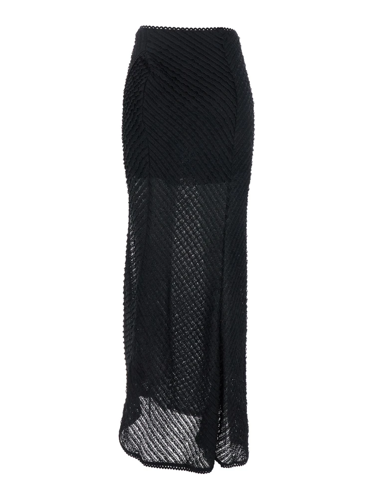 Erin Black Long Skirt with Side Single Slit and All-Over Embroidery in Tech Fabric Woman alternative
