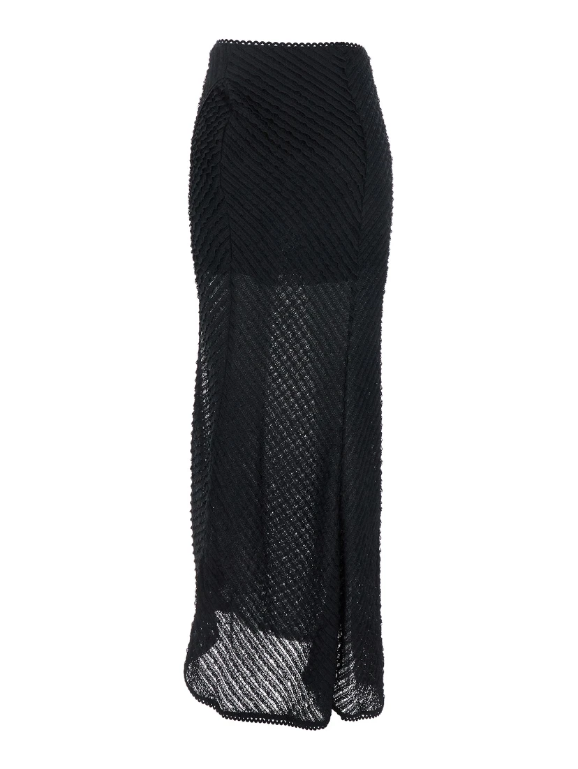 Erin Black Long Skirt with Side Single Slit and All-Over Embroidery in Tech Fabric Woman