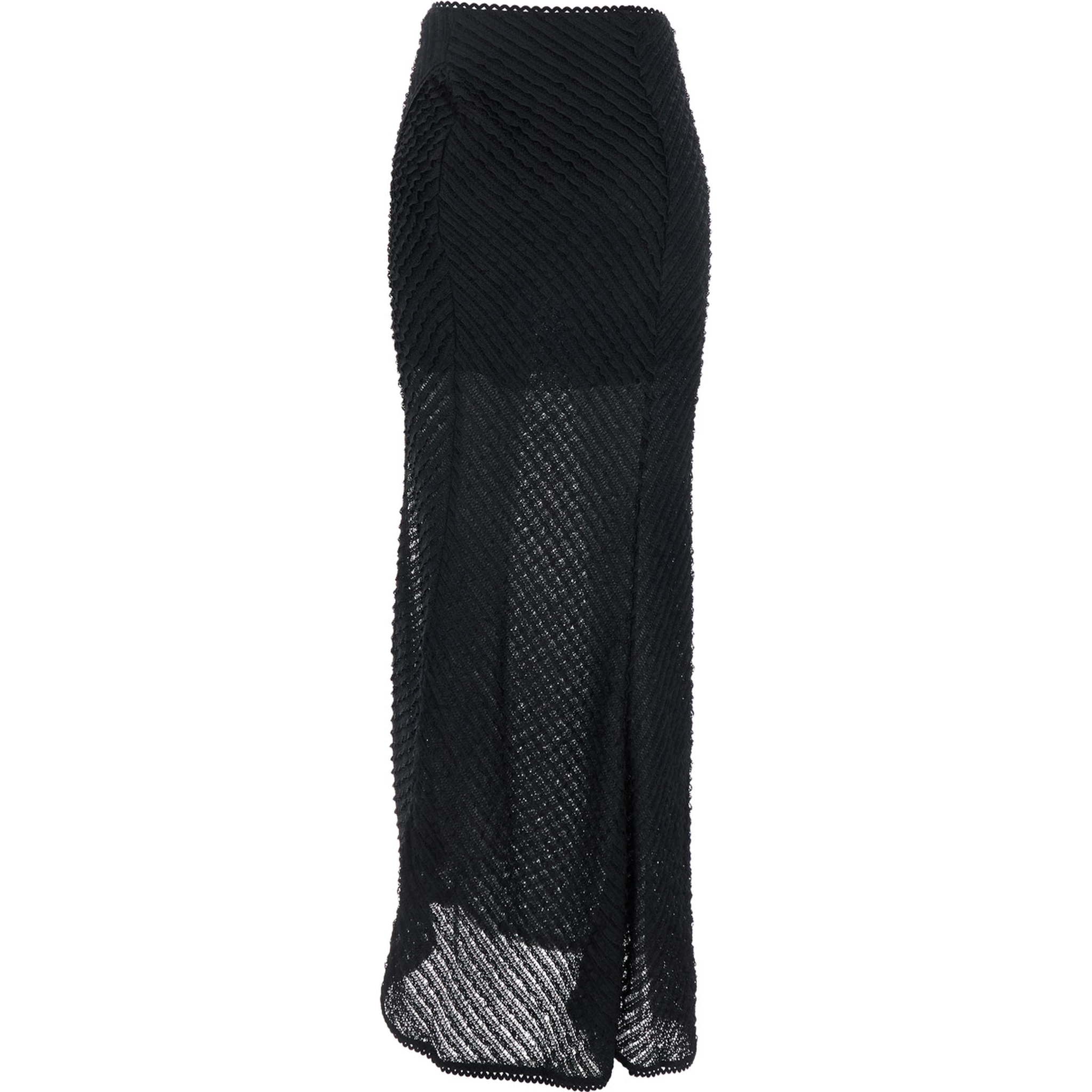 Erin Black Long Skirt with Side Single Slit and All-Over Embroidery in Tech Fabric Woman
