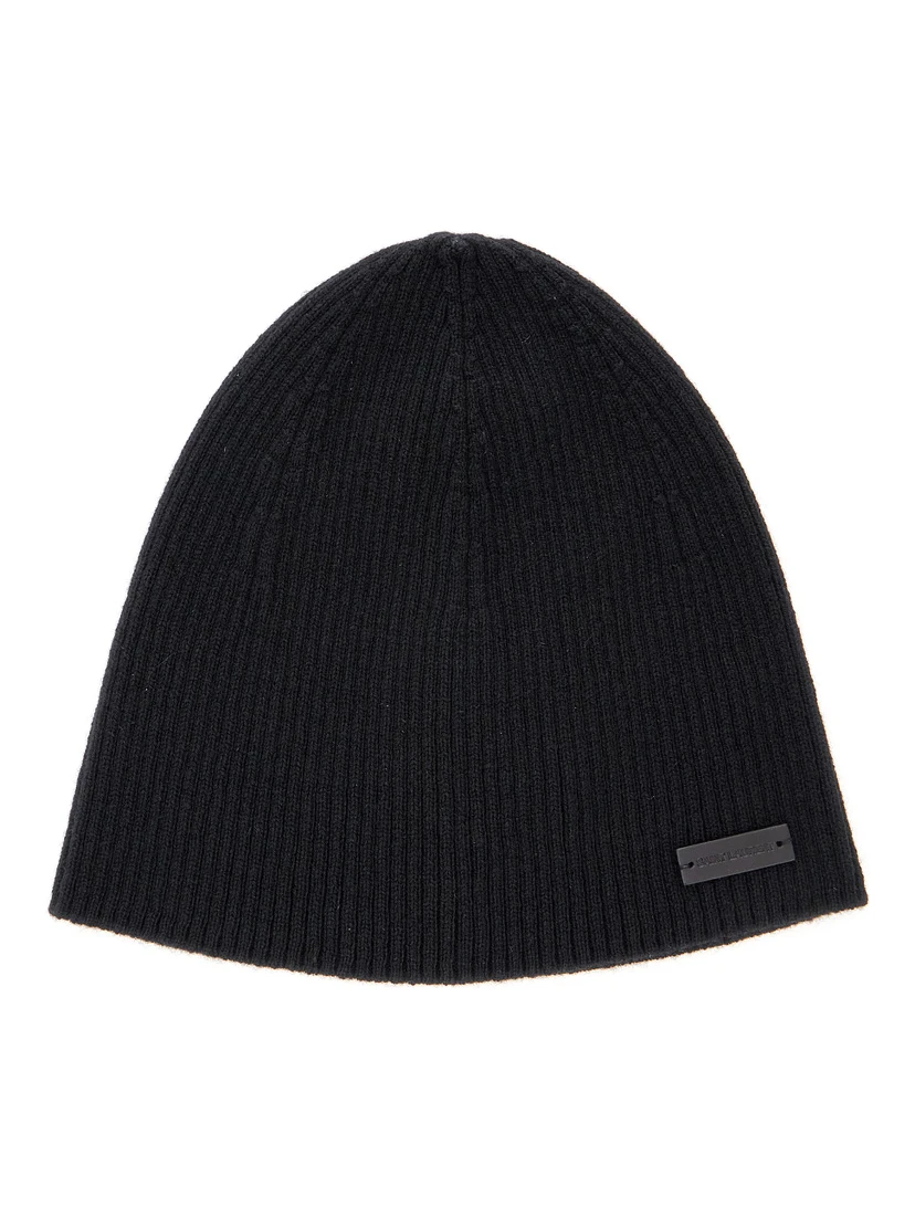 Black Beanie with Logo Patch in Cashmere Man