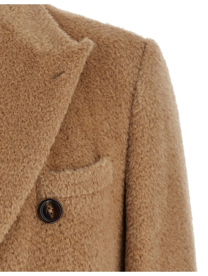 Beige Double-Breasted Coat with Peak Revers in Wool Blend Man