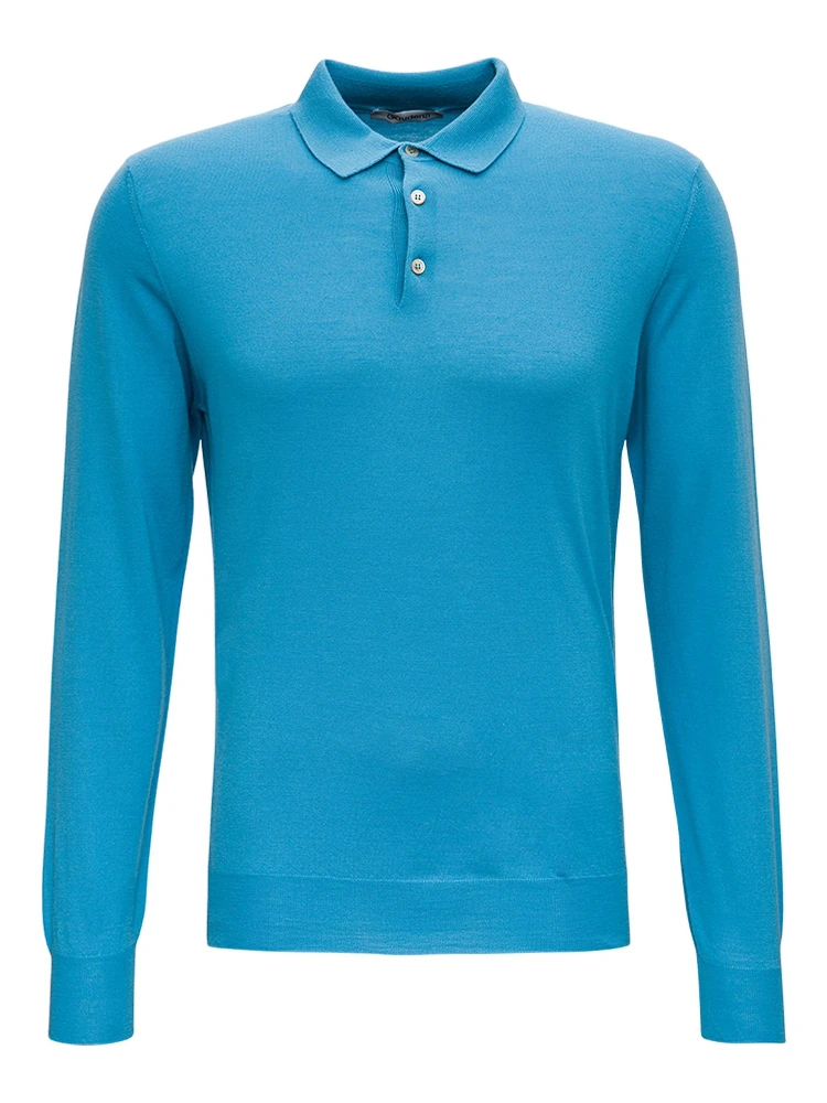 Light Blue Long Sleeveed Polo Shirt in Wool and Silk