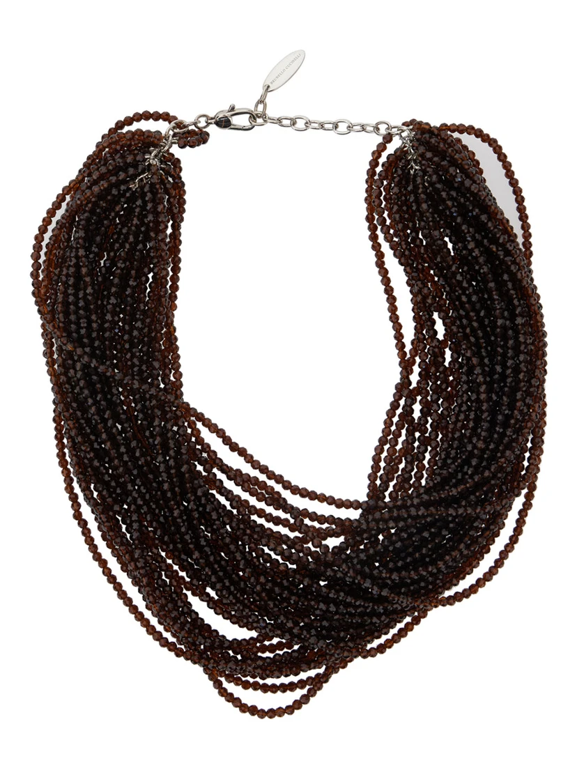 Brown Multi-Strand Necklace with Faceted Beads and Rear Spring-Ring Closure in Brass and Glass Woman