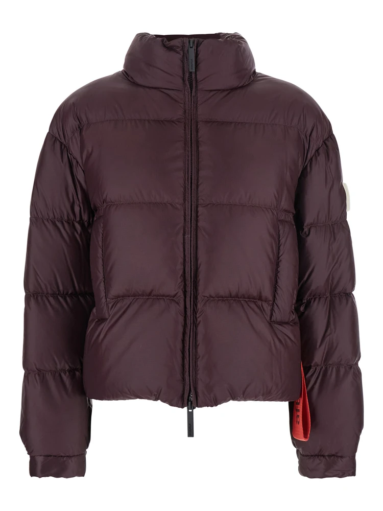 Bordeaux Down Jacket with Logo Patch on the Sleeve in Tech Fabric Woman