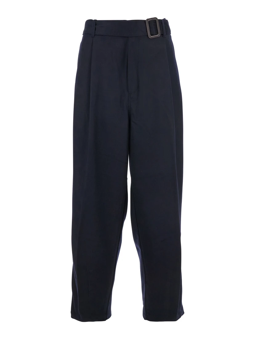 Blue Pants with Buckled Belt in Wool and Cashmere Man