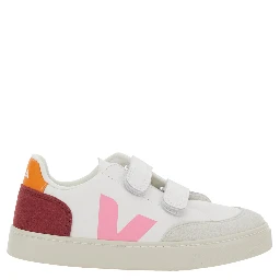 V-12 White Low Top Sneakers with Logo Patch on the Side and Contrasting Heel with Logo Lettering in Leather Girl