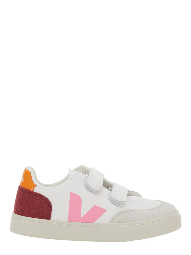 V-12 White Low Top Sneakers with Logo Patch on the Side and Contrasting Heel with Logo Lettering in Leather Girl