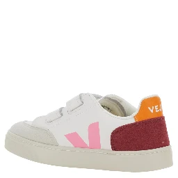 V-12 White Low Top Sneakers with Logo Patch on the Side and Contrasting Heel with Logo Lettering in Leather Girl