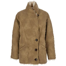 Beige Shearling Coat with High Collar and Button Closure in Leather and Fur Woman