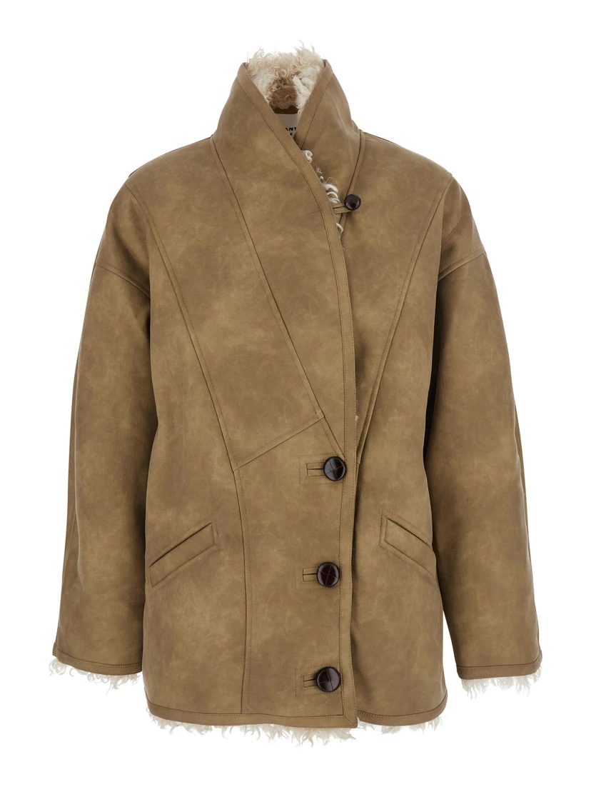 Beige Shearling Coat with High Collar and Button Closure in Leather and Fur Woman