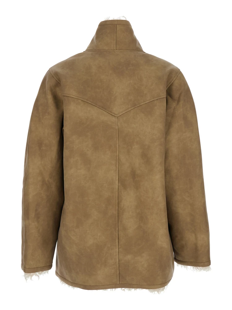 Beige Shearling Coat with High Collar and Button Closure in Leather and Fur Woman alternative