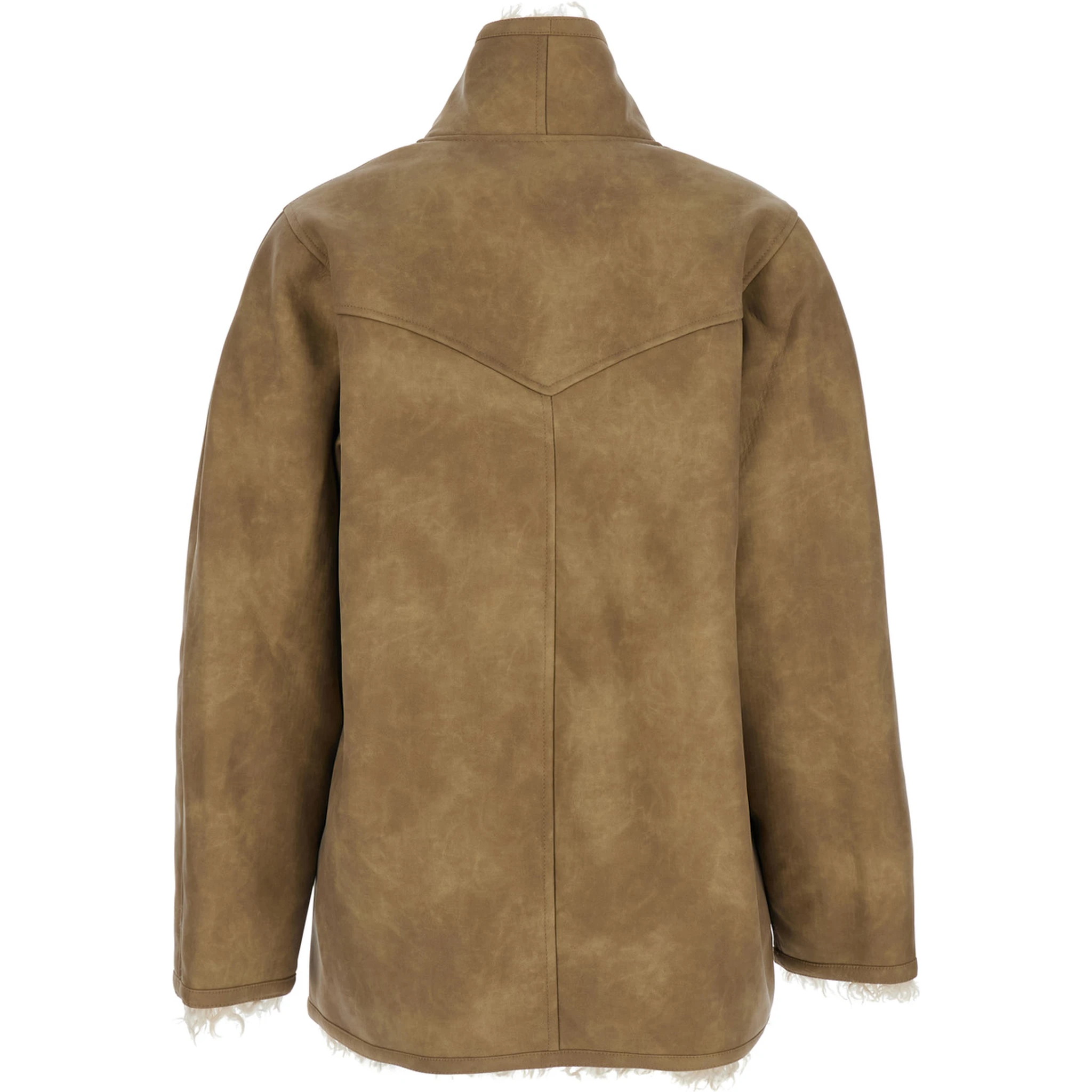 Beige Shearling Coat with High Collar and Button Closure in Leather and Fur Woman