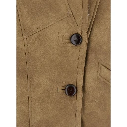 Beige Shearling Coat with High Collar and Button Closure in Leather and Fur Woman