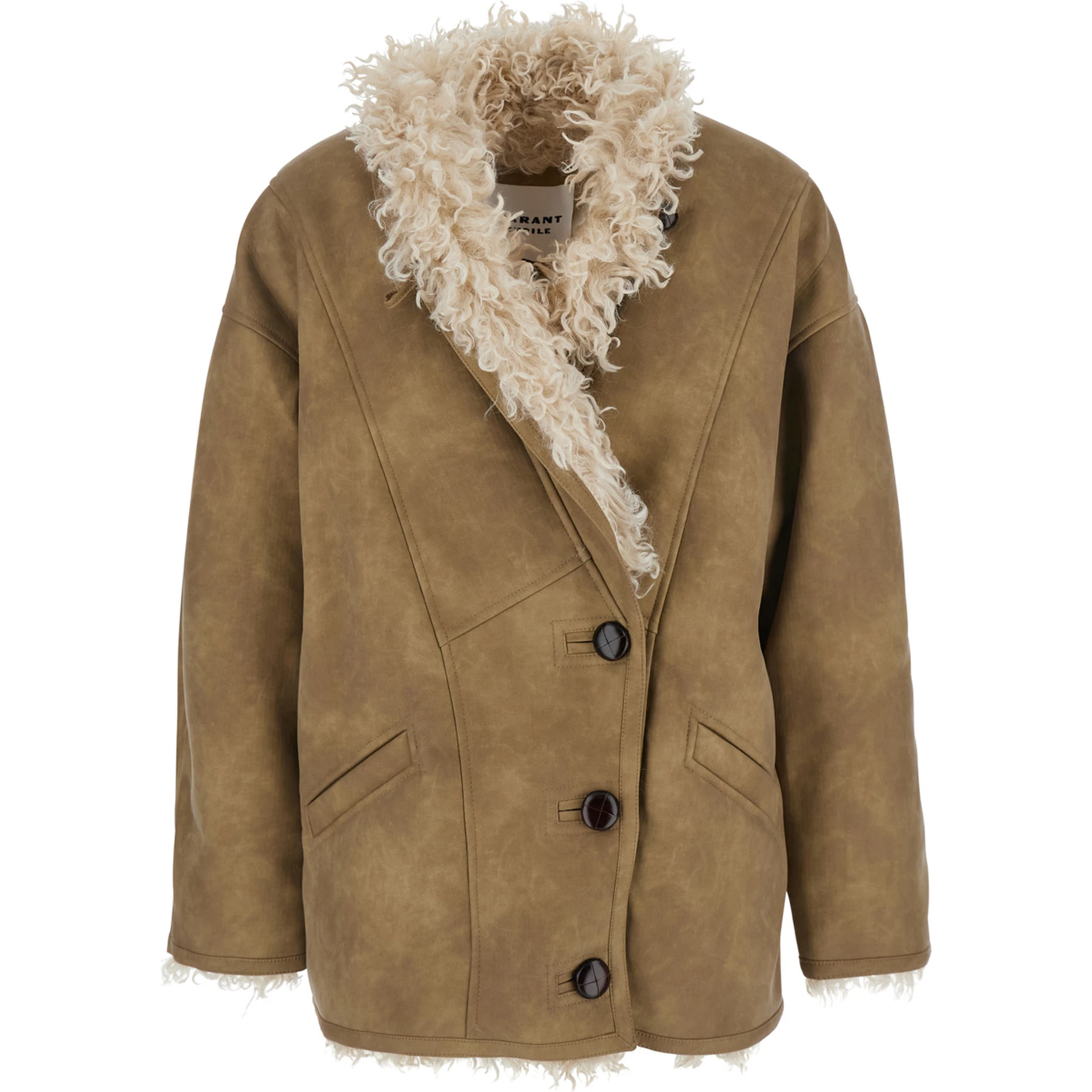 Beige Shearling Coat with High Collar and Button Closure in Leather and Fur Woman
