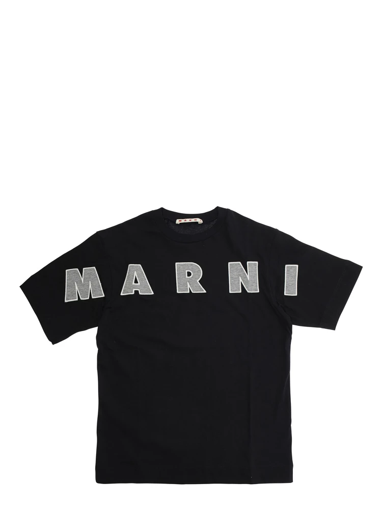 Black T-Shirt with Front Logo Lettering in Cotton Boy
