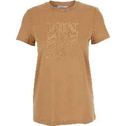 Bravo Beige Crewneck T-Shirt with Logo Embroidery on the Front in Cotton Woman