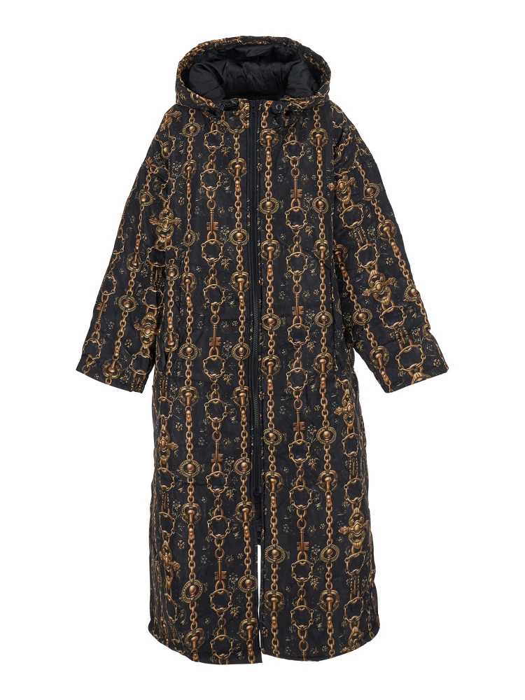 Black Down Jacket with All-Over Print and Long Design in Tech Fabric Woman