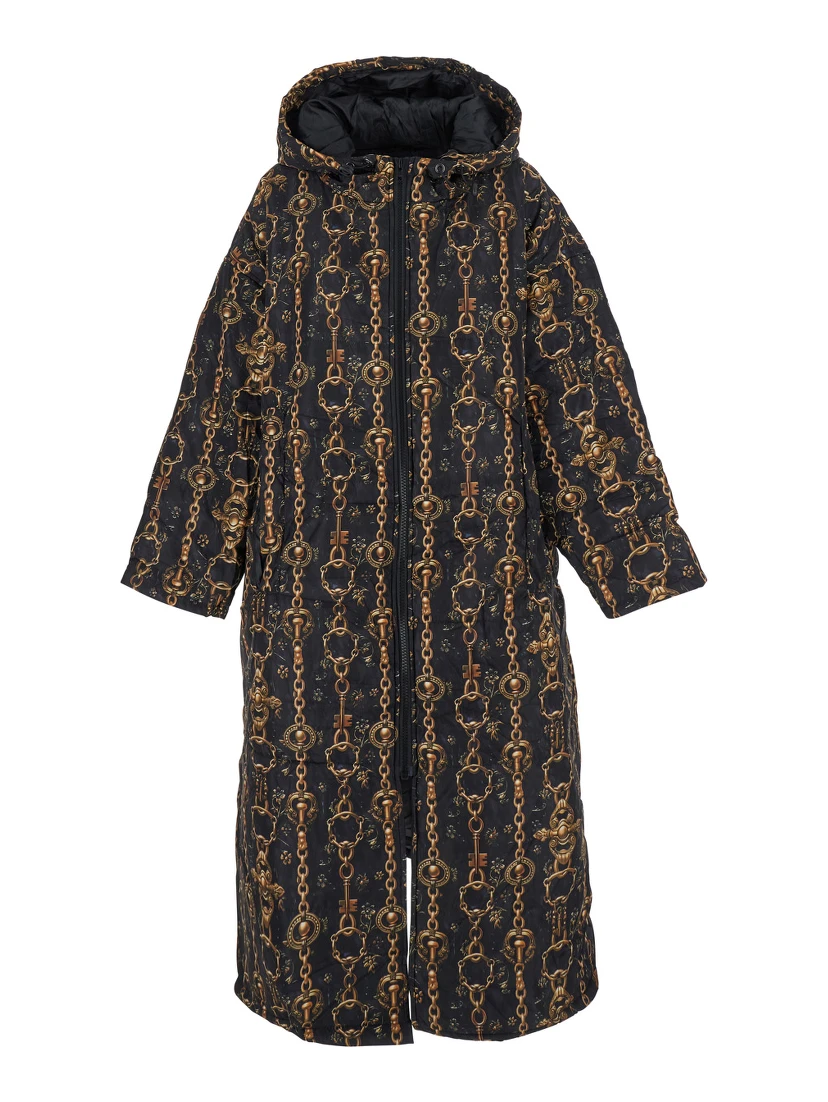 Black Down Jacket with All-Over Print and Long Design in Tech Fabric Woman