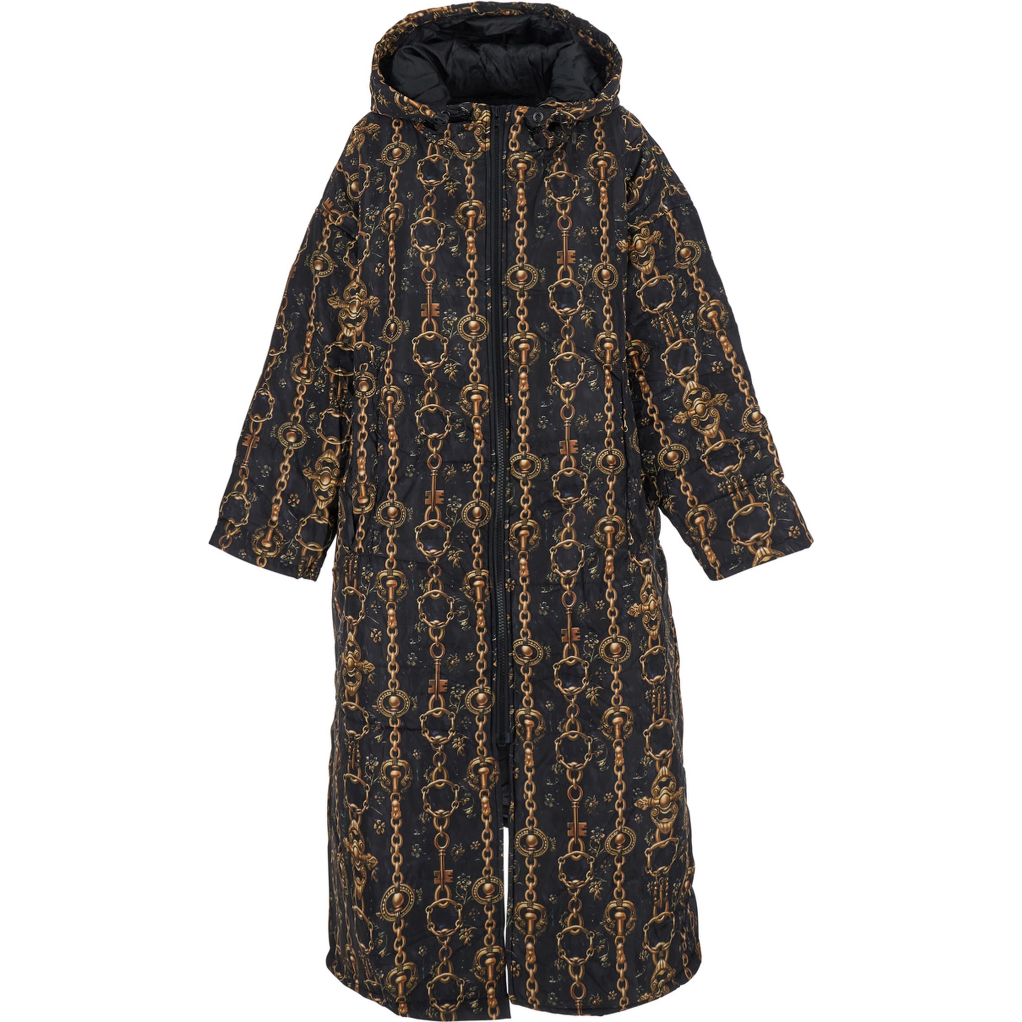 Black Down Jacket with All-Over Print and Long Design in Tech Fabric Woman