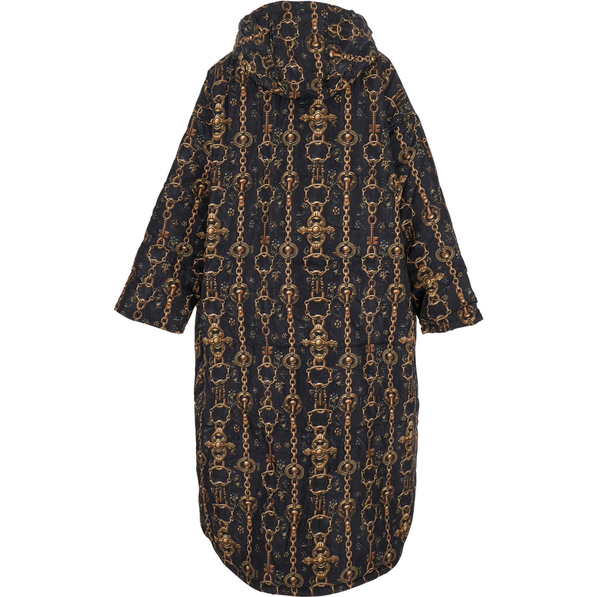 Black Down Jacket with All-Over Print and Long Design in Tech Fabric Woman