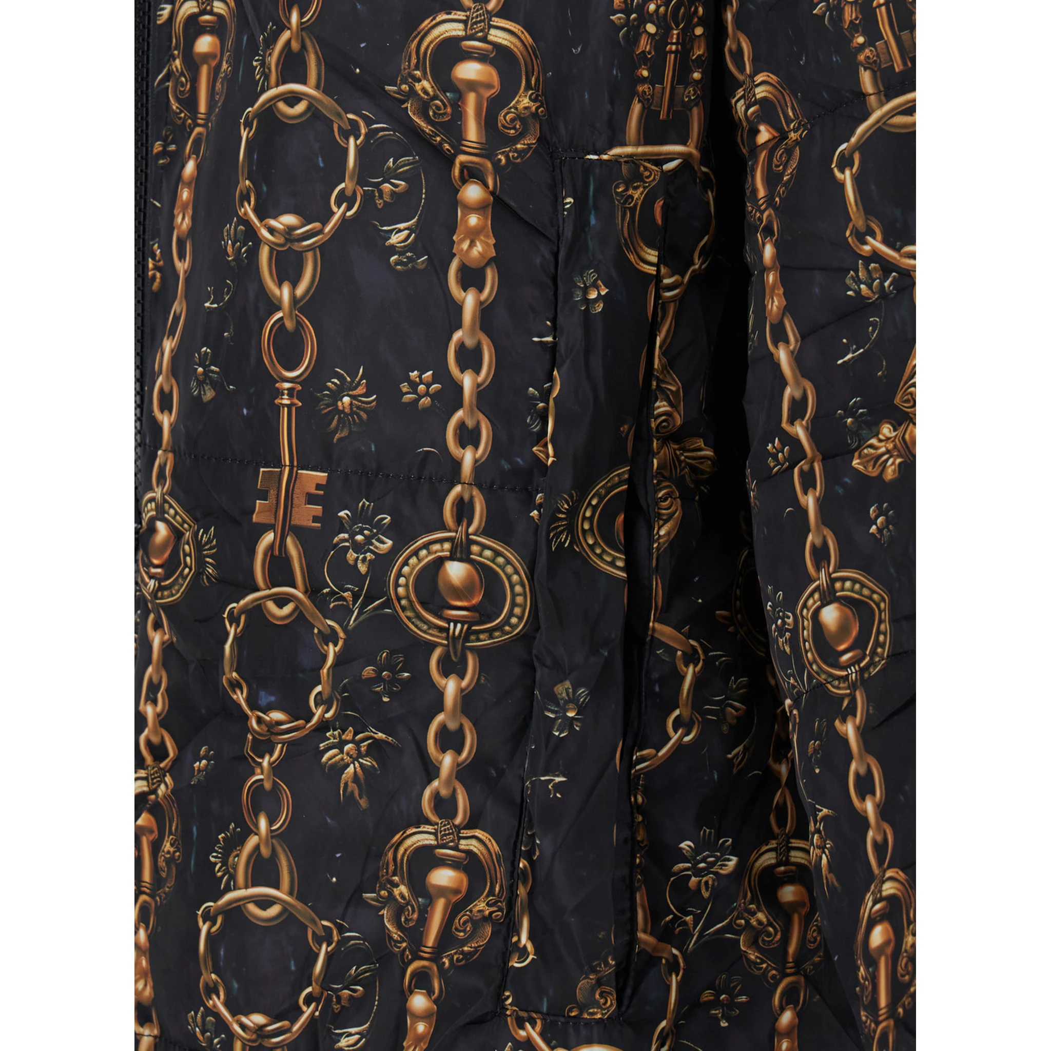 Black Down Jacket with All-Over Print and Long Design in Tech Fabric Woman