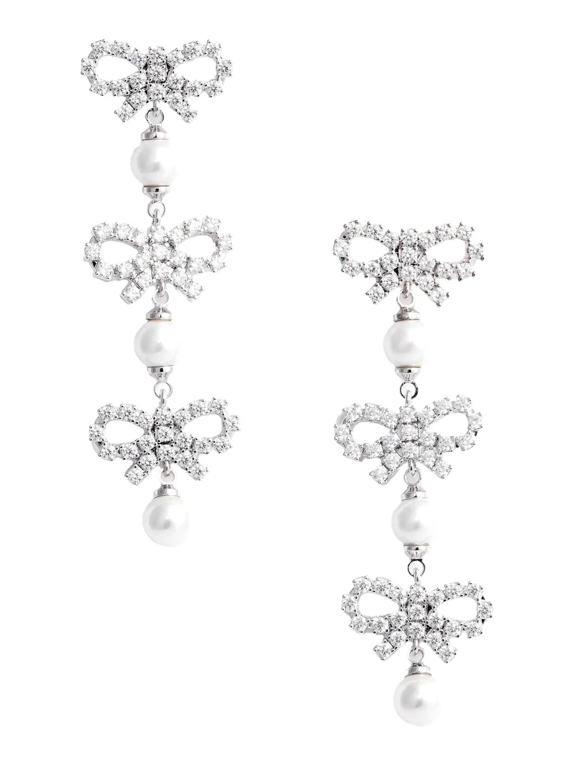 Metallic Tiered Earing with Bow Charm and Crystal Embellishments in Brass Woman