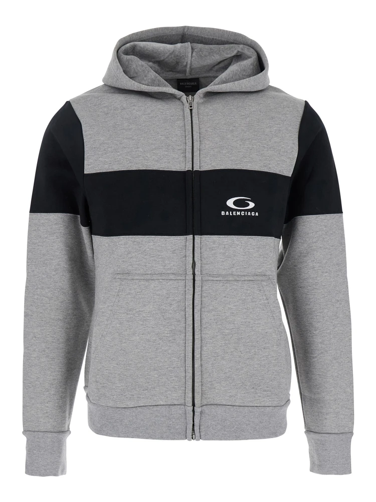 Grey Sweatshirt with Zip, Hood and Logo Printed on the Front in Cotton 
Man