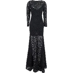 Black Maxi Dress with Rear Concealed Zip Closure and All-Over Embroidery in Lace Woman