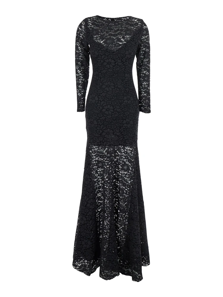 Black Maxi Dress with Rear Concealed Zip Closure and All-Over Embroidery in Lace Woman