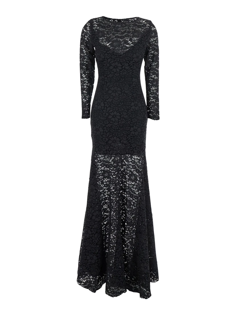 Black Maxi Dress with Rear Concealed Zip Closure and All-Over Embroidery in Lace Woman