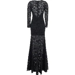 Black Maxi Dress with Rear Concealed Zip Closure and All-Over Embroidery in Lace Woman