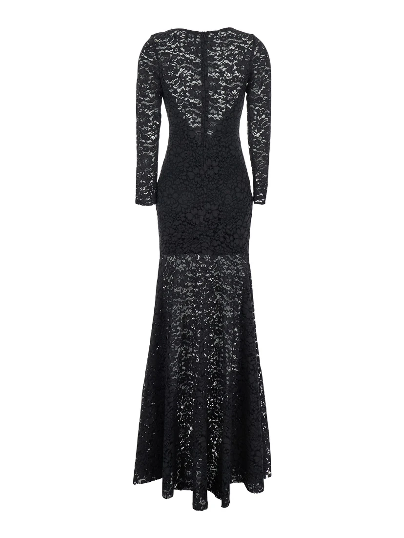 Black Maxi Dress with Rear Concealed Zip Closure and All-Over Embroidery in Lace Woman