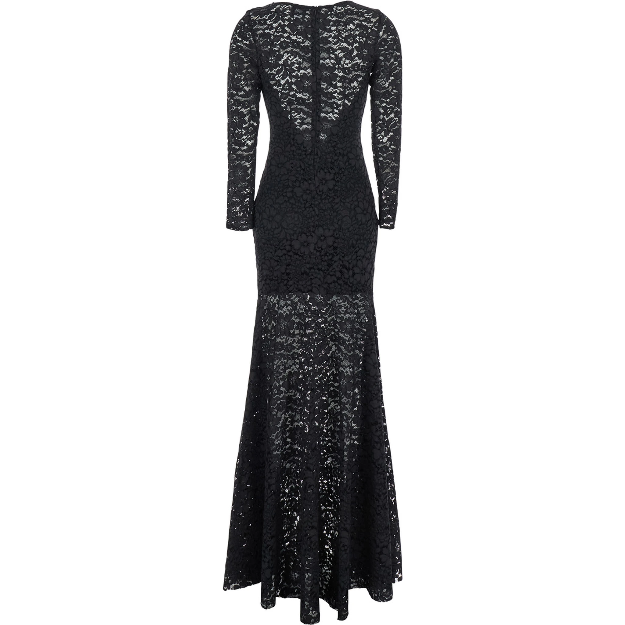 Black Maxi Dress with Rear Concealed Zip Closure and All-Over Embroidery in Lace Woman